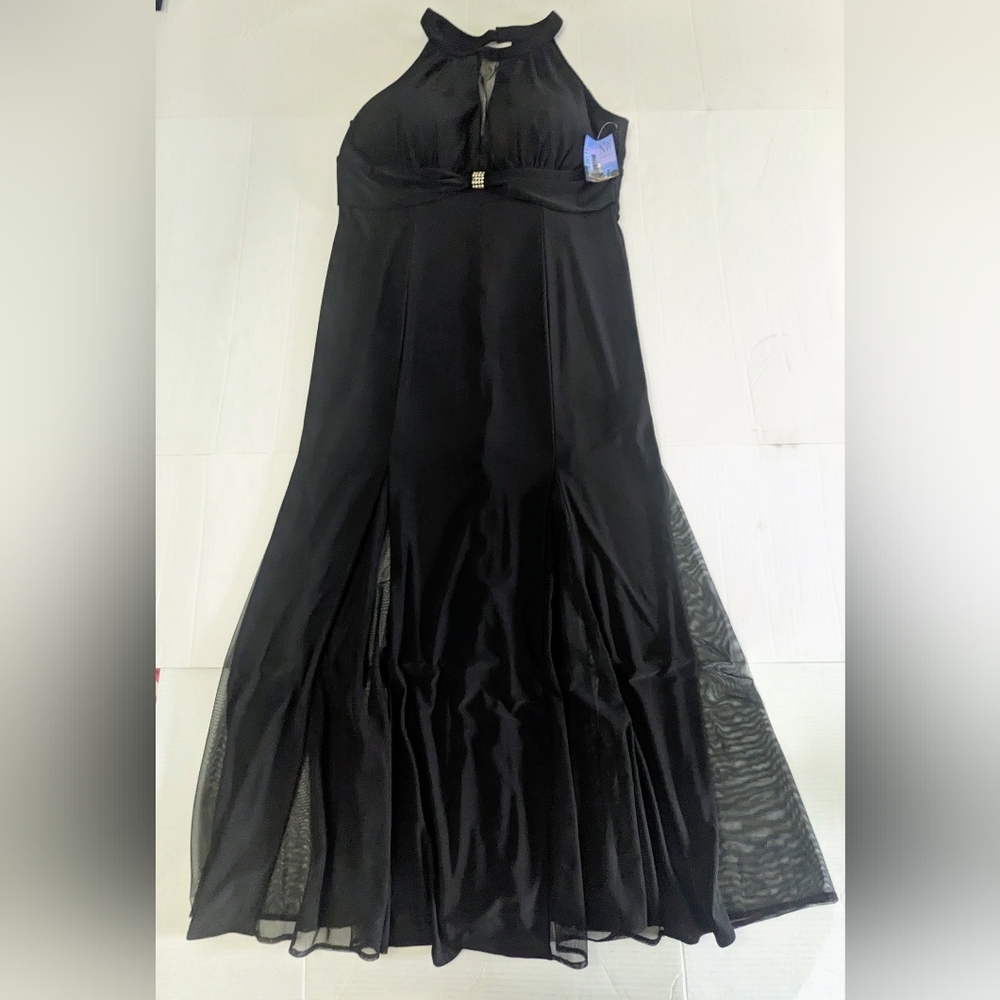NIGHT WAY Black Mesh Halter Sleeveless Evening Gown Dress 14W NWT